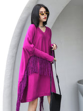 V-Neck Stitching Long Sleeve Knitted Dress